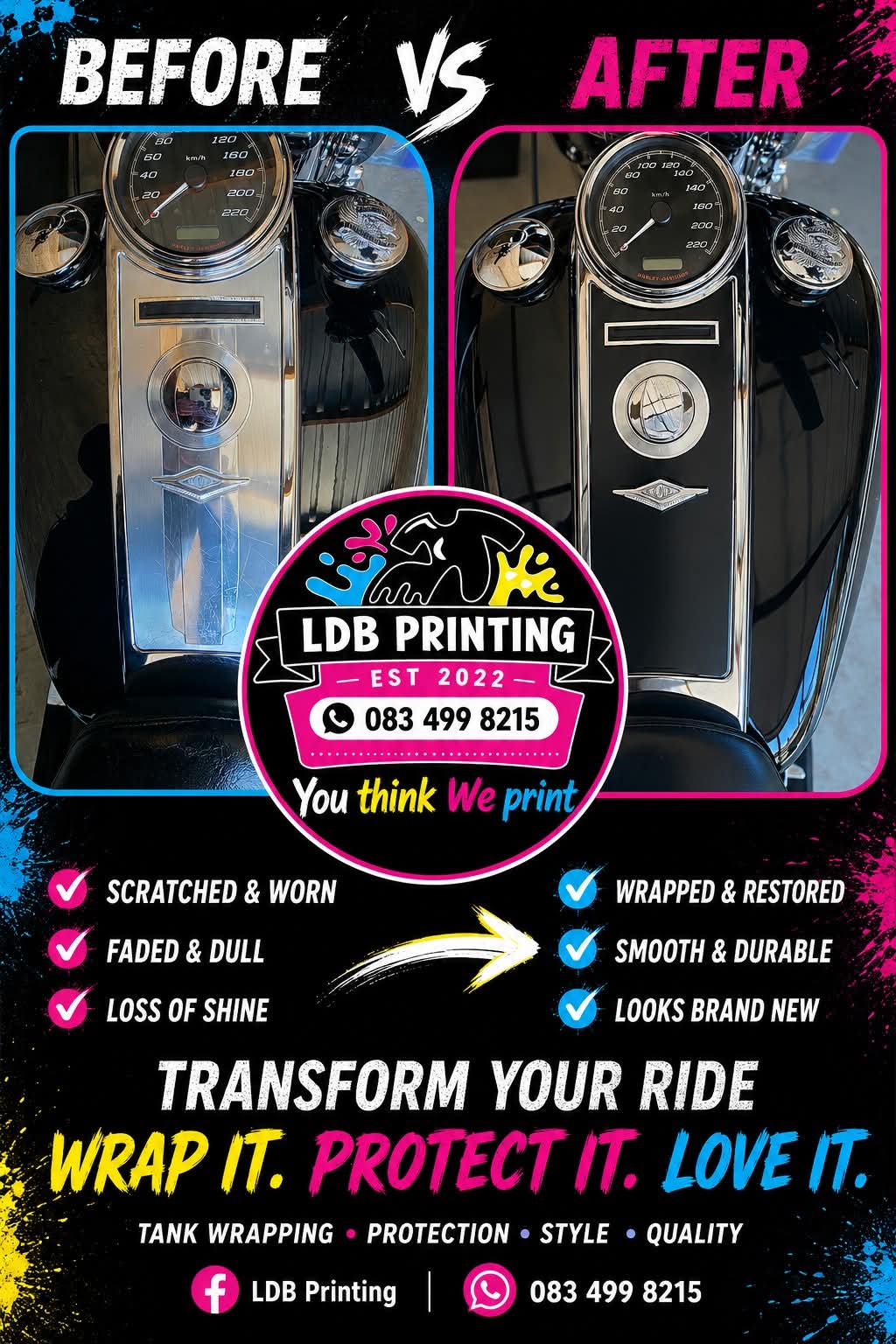 Before and after motorcycle tank wrapping by LDB Printing