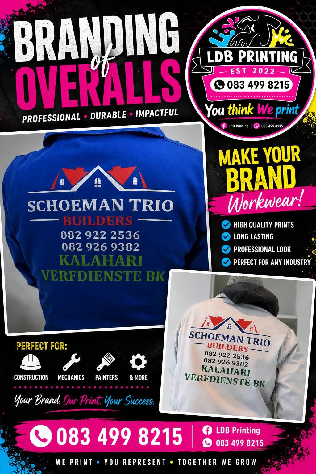 Branded workwear overalls printed for Schoeman Trio Builders